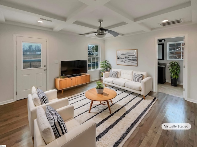 living room with dark hardwood / wood-style floors, beamed ceiling, and coffered ceiling