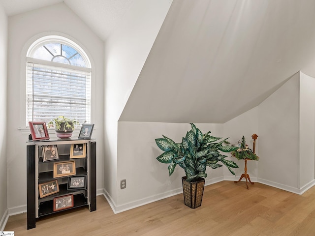 sitting room featuring vaulted ceiling and light hardwood / wood-style flooring