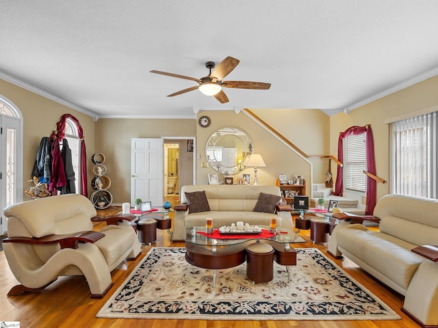 living room featuring light hardwood / wood-style floors, a wealth of natural light, crown molding, and ceiling fan