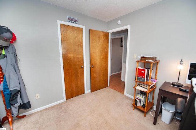 office area featuring light colored carpet