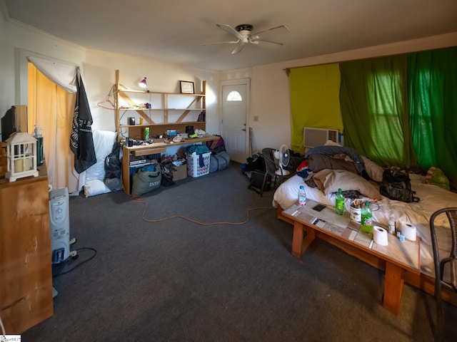 interior space featuring ceiling fan, carpet, and a wall unit AC