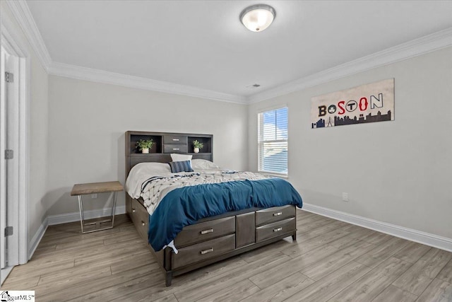 bedroom with crown molding and light wood-type flooring