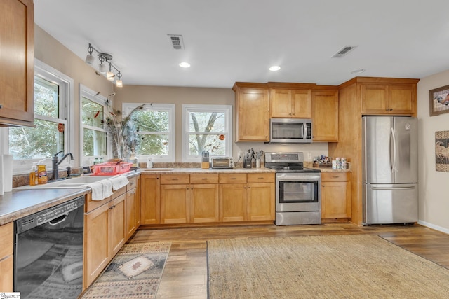 kitchen with stainless steel appliances, sink, and light wood-type flooring