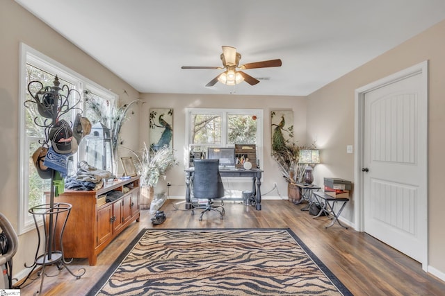 office area with hardwood / wood-style flooring and ceiling fan