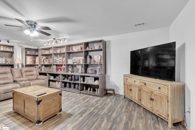 living room with ceiling fan and hardwood / wood-style floors