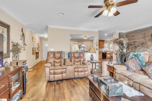 living room featuring ornamental molding, ceiling fan, and light hardwood / wood-style flooring