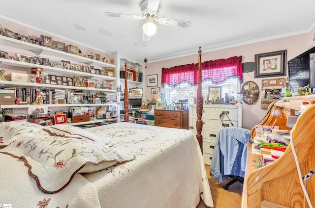 bedroom with crown molding and ceiling fan