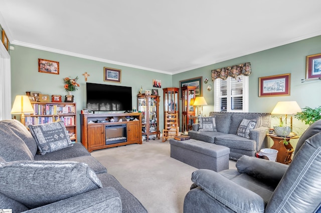 carpeted living room featuring ornamental molding