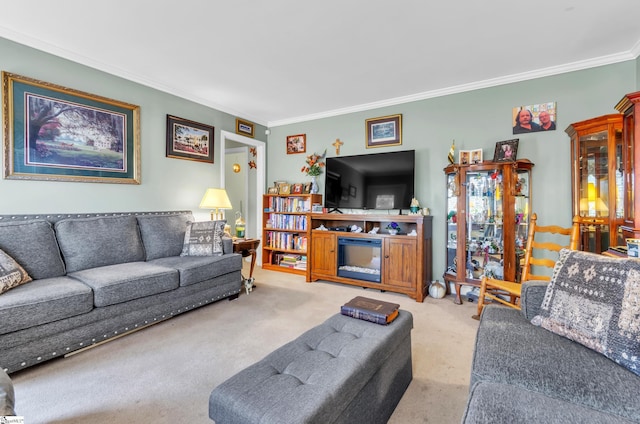 living room featuring ornamental molding and carpet