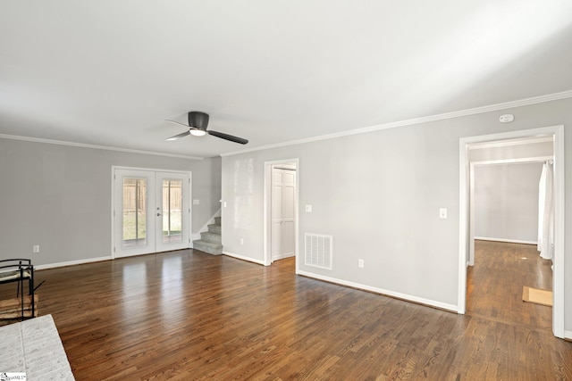 unfurnished living room featuring dark hardwood / wood-style flooring, ornamental molding, french doors, and ceiling fan