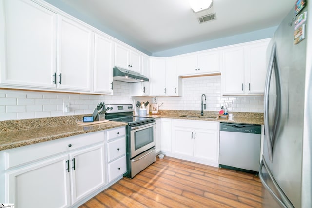 kitchen featuring white cabinetry, appliances with stainless steel finishes, sink, and stone countertops