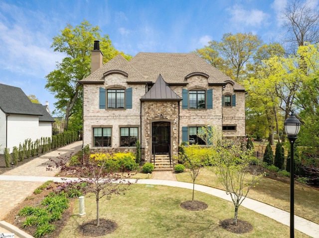 french country home with a front lawn