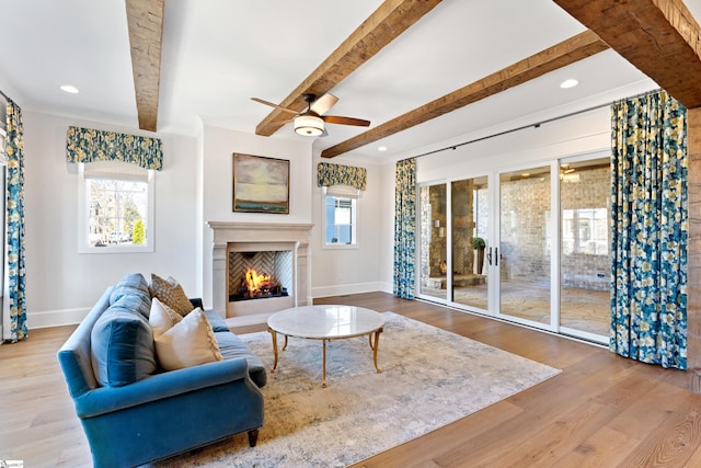 living room featuring ceiling fan, hardwood / wood-style flooring, and beamed ceiling