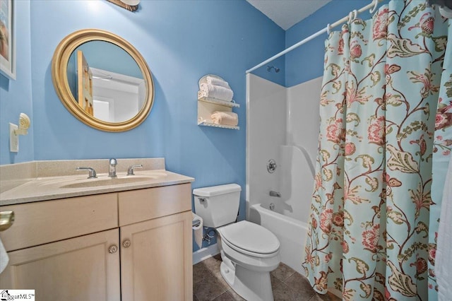 full bathroom with vanity, shower / bath combo, tile patterned floors, and toilet