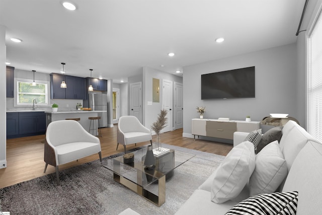 living room featuring sink and light hardwood / wood-style flooring