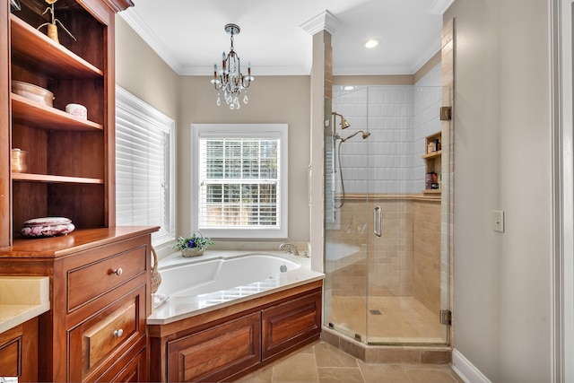 bathroom with independent shower and bath, crown molding, and tile patterned flooring