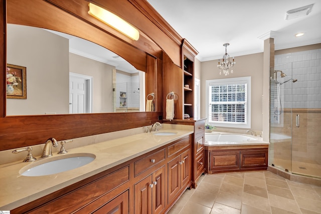 bathroom featuring an inviting chandelier, ornamental molding, separate shower and tub, and vanity