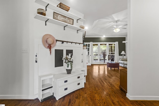 mudroom featuring ceiling fan, ornamental molding, and dark hardwood / wood-style floors