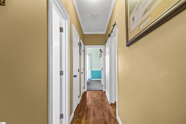 corridor with crown molding, dark hardwood / wood-style floors, and a barn door