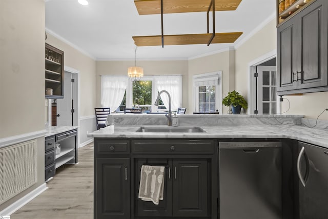 kitchen with sink, crown molding, light hardwood / wood-style flooring, dishwasher, and light stone countertops