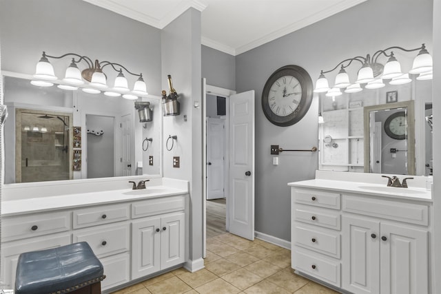 bathroom featuring tile patterned flooring, vanity, ornamental molding, and a shower with shower door