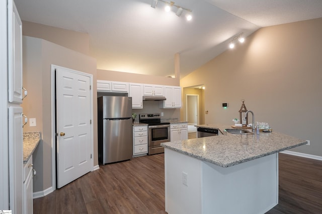 kitchen featuring sink, stainless steel appliances, white cabinets, dark hardwood / wood-style flooring, and vaulted ceiling