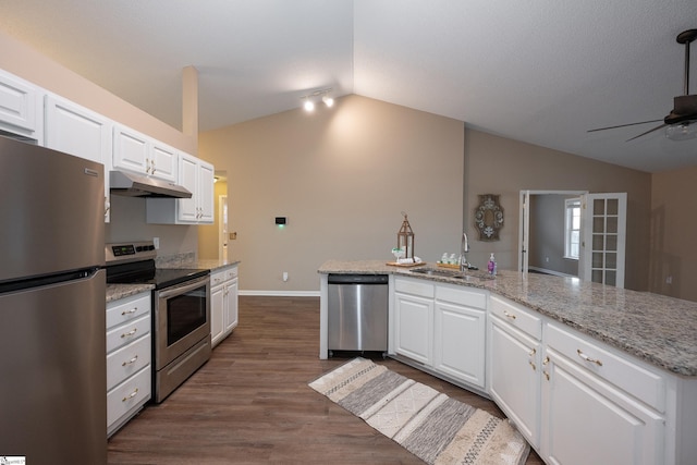 kitchen with stainless steel appliances, white cabinetry, vaulted ceiling, and sink