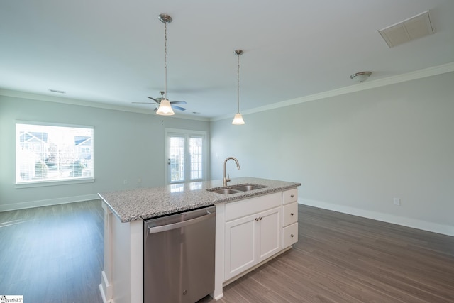 kitchen featuring sink, white cabinetry, crown molding, dishwasher, and a kitchen island with sink