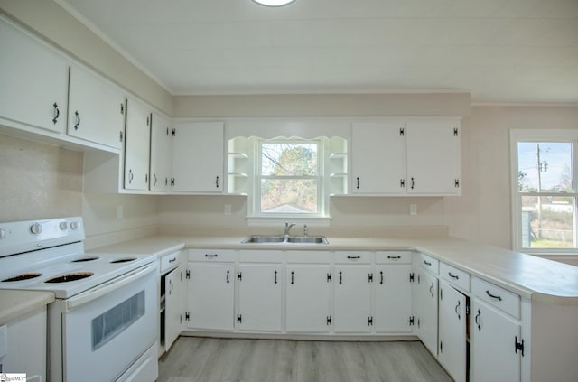 kitchen featuring sink, light hardwood / wood-style flooring, white range with electric stovetop, white cabinets, and kitchen peninsula