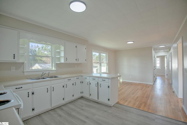 kitchen with sink, light hardwood / wood-style flooring, and white cabinets