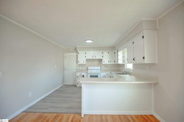 kitchen with sink, white cabinetry, white electric stove, kitchen peninsula, and light hardwood / wood-style floors