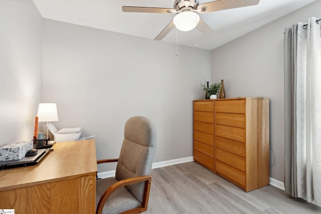 office space with ceiling fan and light hardwood / wood-style flooring