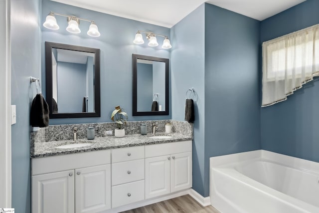 bathroom with vanity, a tub, and wood-type flooring