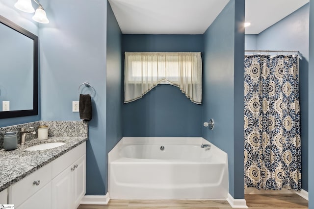 bathroom featuring a shower with curtain, vanity, and hardwood / wood-style floors