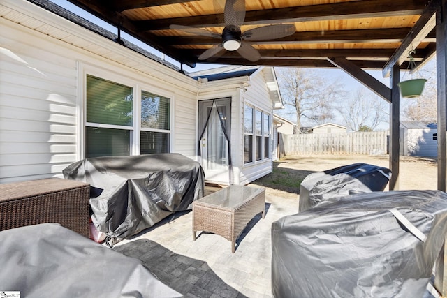 view of patio / terrace with ceiling fan and area for grilling