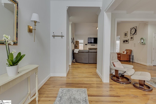 corridor with crown molding and hardwood / wood-style flooring