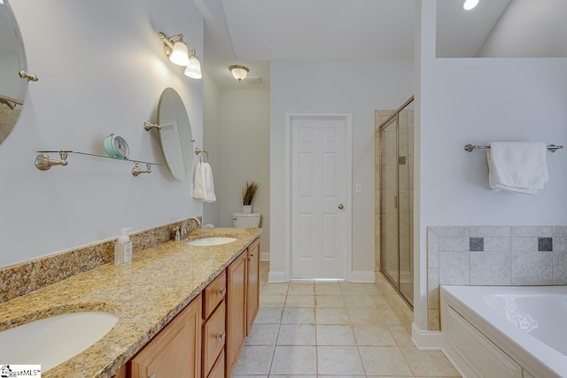 full bathroom featuring vanity, tile patterned floors, plus walk in shower, and toilet