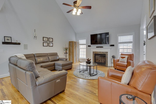 living room with ceiling fan, high vaulted ceiling, and light hardwood / wood-style floors