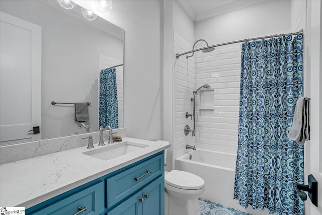 full bathroom with vanity, shower / bath combo, ornamental molding, and toilet