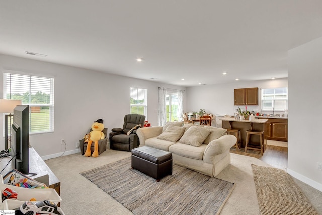 living room featuring light colored carpet