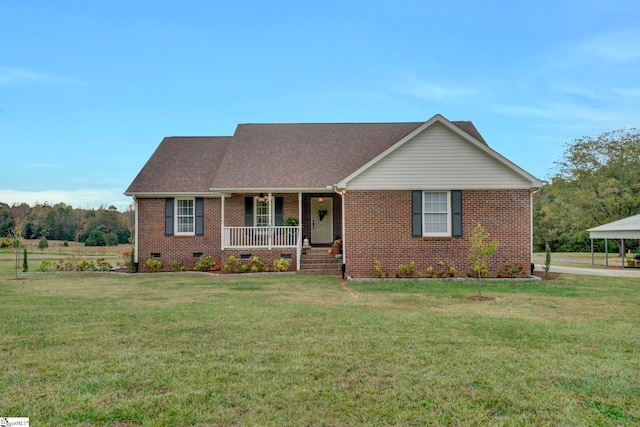 single story home with a front yard, a carport, and a porch