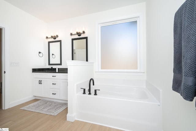 bathroom with vanity, a tub to relax in, and hardwood / wood-style flooring