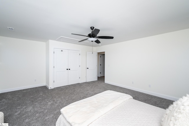 bedroom featuring ceiling fan, a closet, and dark colored carpet