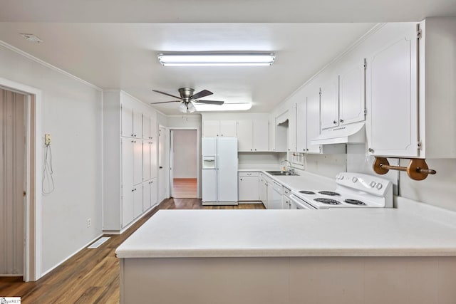 kitchen featuring white cabinetry, sink, kitchen peninsula, dark wood-type flooring, and white appliances