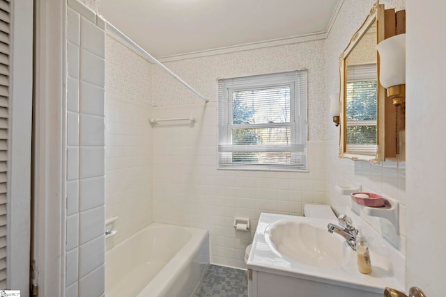 full bathroom featuring shower / washtub combination, tile walls, vanity, ornamental molding, and toilet