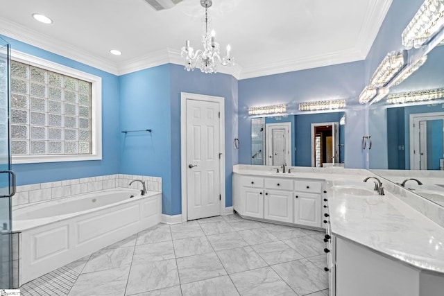 bathroom featuring vanity, a chandelier, crown molding, and plus walk in shower