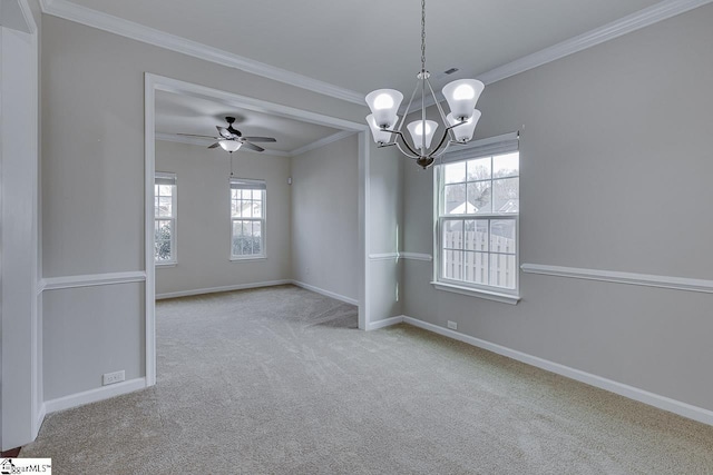 spare room with light carpet, crown molding, and ceiling fan with notable chandelier