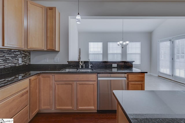 kitchen featuring sink, stainless steel dishwasher, and dark stone counters