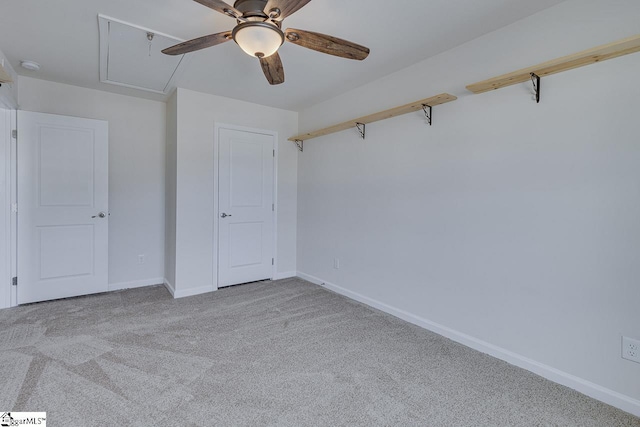 unfurnished bedroom with light colored carpet and ceiling fan