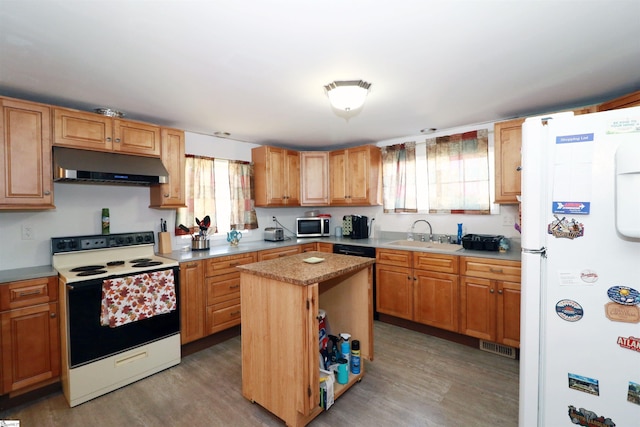 kitchen featuring hardwood / wood-style flooring, a kitchen island, sink, and white appliances